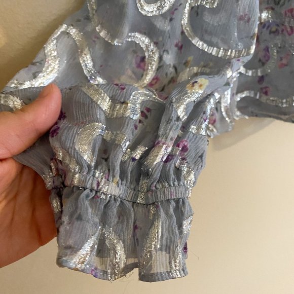 LoveShackFancy Erica Metallic Ruffled Silk Top in Silver Lake Blue Size Small - Picture 6 of 14